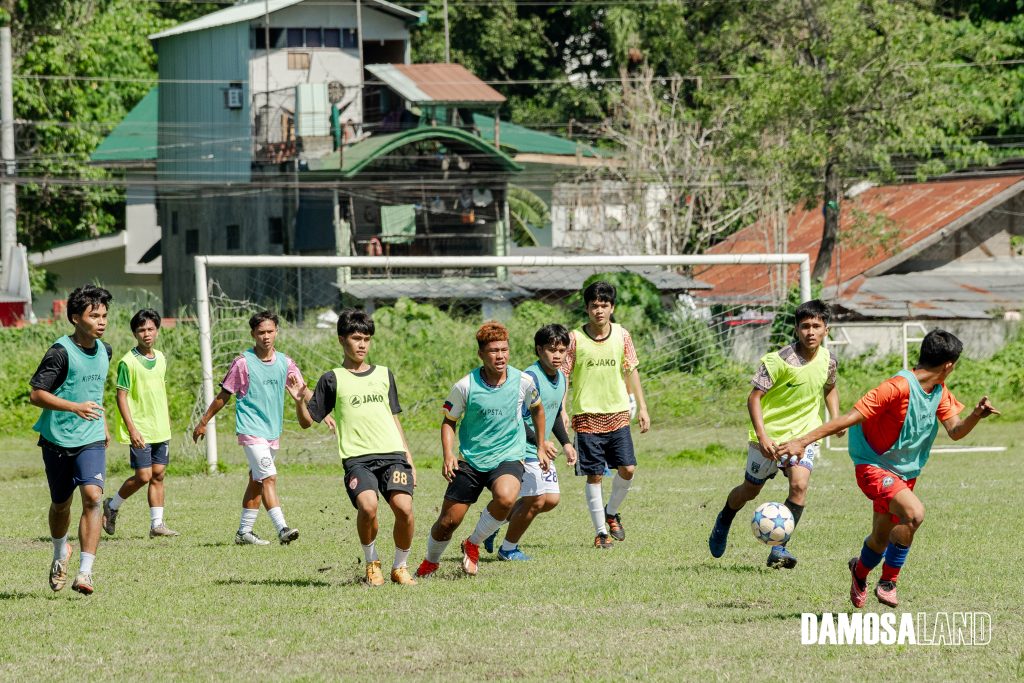 Marc Hayahay of the blue team, distinguished by his blonde hair, in action during the varsity scholarship tryouts of Adamson University, held in partnership with Damosa Land and the Don Antonio O. Floirendo Sr. Foundation in Davao City in 2025. He was among the few athletes who stood out during the try-outs, leaving a strong impression on scouts and organizers alike. Photo from Damosa Land marketing.