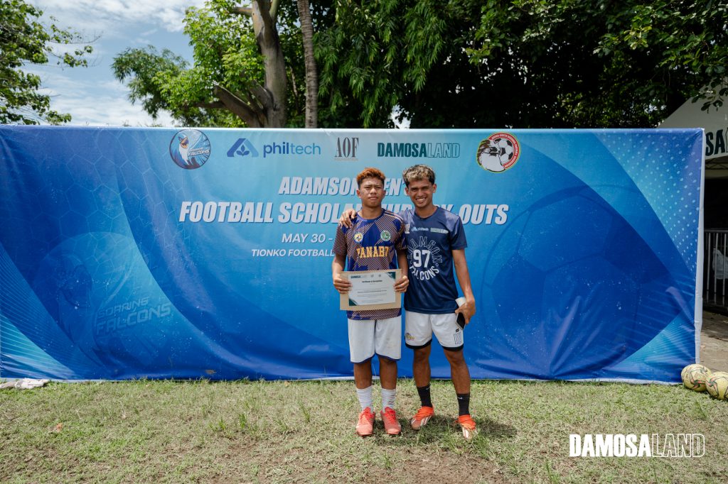 Marc Hayahay holds his certificate as a qualifier for the scholarship program of the Adamson University in partnership with Damosa Land and the Don Antonio O. Floirendo Sr. Foundation at the end of the tryout in 2025. Beside him is his brother Christian Hayahay who was already a scholar of the said university. Photo by Damosa Land.